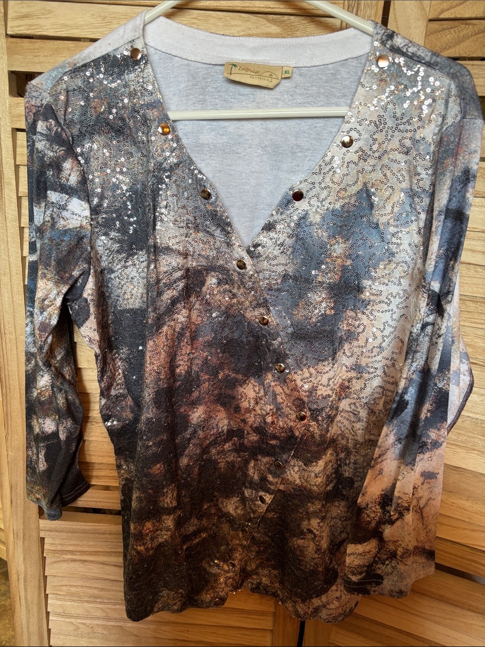 Impulse Long Sleeve V-Neck Sequin Top - Black, Brown, Cream XL